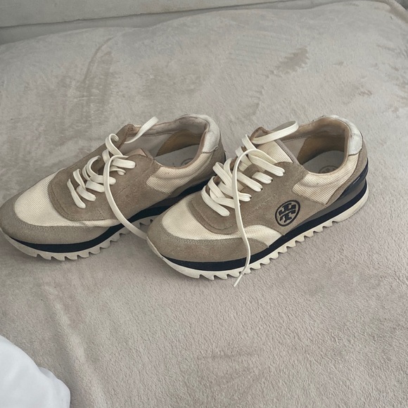 Tory Burch Cream & Beige Suede Mesh Lace-Up Sneakers - Picture 2 of 4